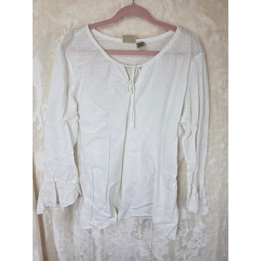 St Johns Bay Womens 1X White Swiss Dot Cotton Peasant Blouse Ruffle‎ Cuff